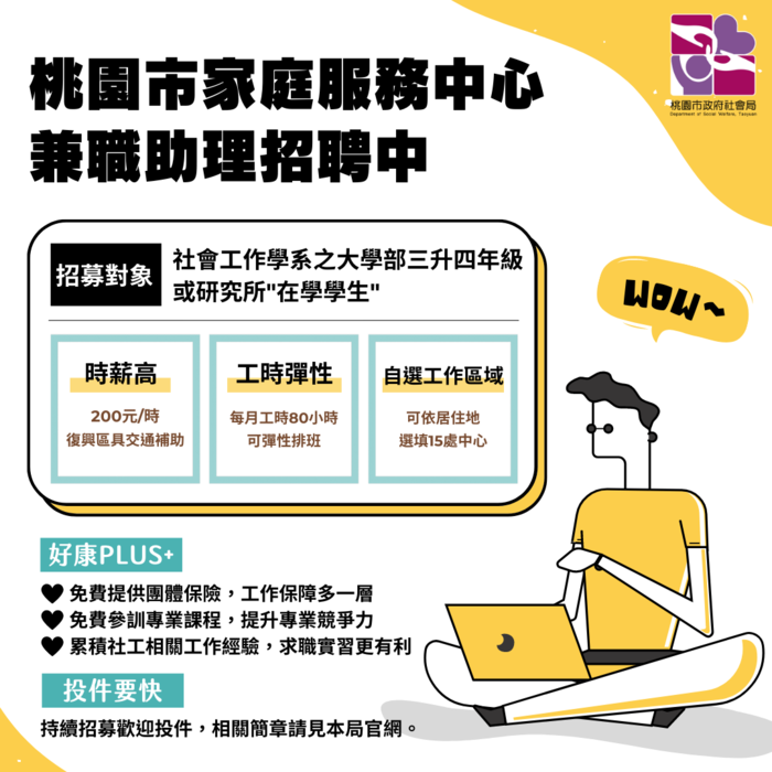 桃園市政府社會局家庭服務中心兼職助理招募